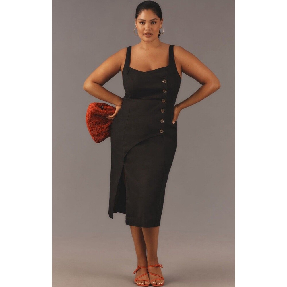 Anthropologie Midi Dress Black Sleeveless Linen Button Wrap Preppy 2X Plus NWT